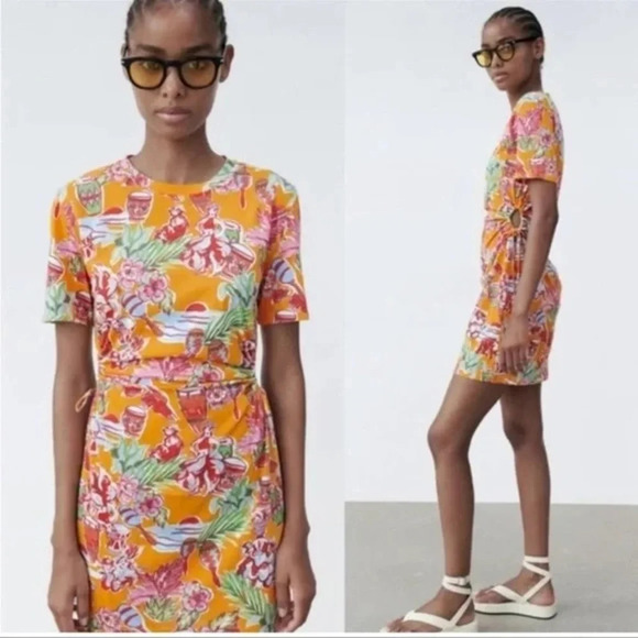 Zara Tropical Jungle Dress with Cutouts Size Large - Picture 1 of 6